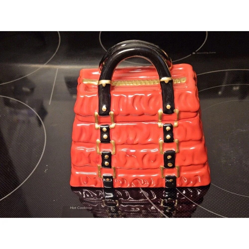 David's Cookies Ceramic Red Pleated Purse Cookie Jar Candy Dish Collectible
